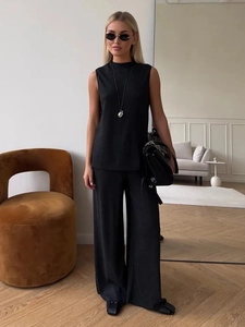 Women black sleeveless top and wide-leg knit trousers casual two-piece set home outfit