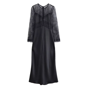 Elegant Women Maxi Dress Long Sleeve Lace Patchwork Satin Skirt Round Neck Solid Color Vacation Party Style