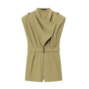 Women Sleeveless Romper With Padded Shoulders And Belt Cotton Woven Casual Lapel Button Down Utility Shorts Jumpsuit