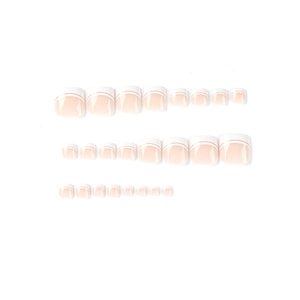 Short French white tip press-on toenails set in natural nude color, 24 pieces gloss finish