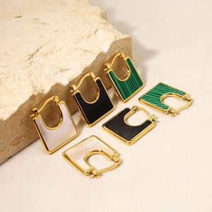 Geometrische Quadratische Creolen Titanstahl 18K Vergoldet Muschel Malachit Schwarz Glanz Schicker Minimalistischer Schmuck Damen