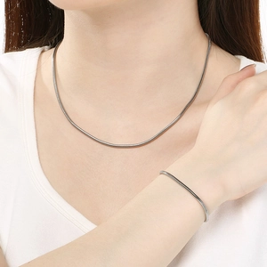 Polished silver 304 stainless steel snake chain necklace and bracelet set on model