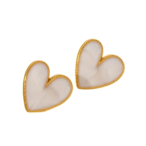 Elegant 304 stainless steel heart stud earrings with white resin inlay and gold borders
