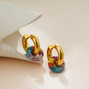 18K gold plated stainless steel thick hoop earrings with vibrant rainbow crystal pavé charms
