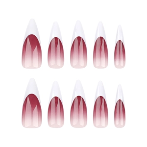 Almond-shaped press-on nails with deep red and white gradient smudge French design