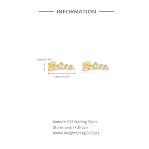 Detail view of S925 silver pearl stud earring with dimensions and technical specifications