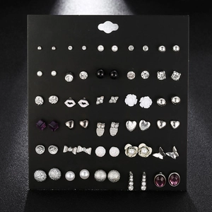 Set of 30 pairs fashion alloy stud earrings with pearls and rhinestones on black card