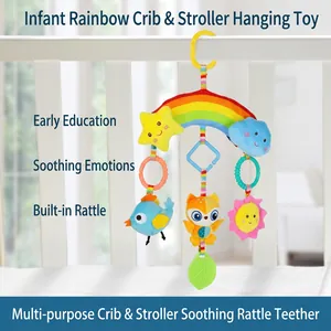 Rainbow baby stroller toy with fox, cloud, bird pendants, teething leaf, and built-in bells