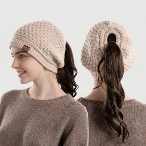 Women Winter Warm Knitted Beanie Hat Soft Acrylic Ponytail Hole Beanie Outdoor Cuffed Cable Knit Sport Ponytail Beanie