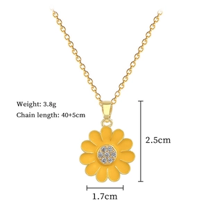 Detail view of sunflower necklace size 2.5cm by 1.7cm and chain length 40+5cm