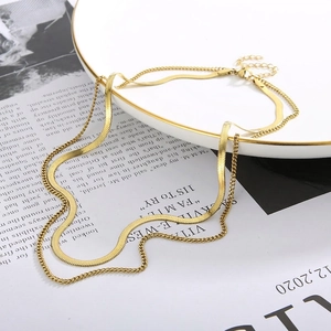 Layered Snake Bone Chain Necklace Stainless Steel Gold Plated Flat Herringbone Link Choker For Women French Retro Style