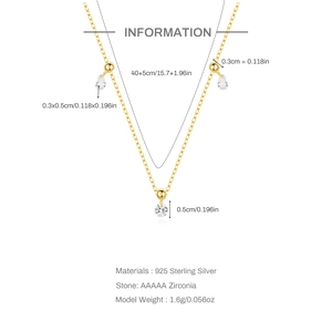Adjustable S925 sterling silver gold necklace with geometric cubic zirconia pendants