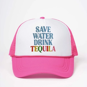 Pink and white trucker hat with Save Water Drink Tequila slogan for outdoor activities