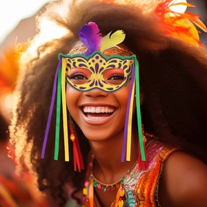 Detail of Mardi Gras party mask with purple and yellow feathers on a female model