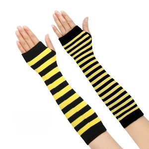 Detail view of long yellow and black striped knit fingerless arm warmers with thumb holes