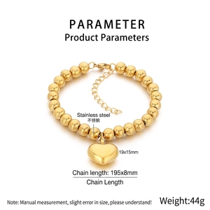 Detailed product parameters of 18K gold plated beaded bracelet with hollow heart charm