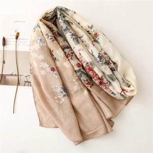 Vintage floral linen-feel scarf wrap for women featuring artistic retro flower patterns