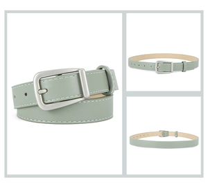 Detail of light green PU leather belt with silver pin buckle and white decorative stitching