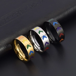 Rainbow chevron V-shaped stainless steel rings in gold, silver, and black finish