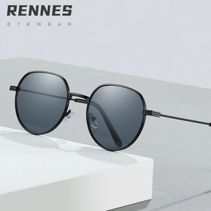 Classic retro sunglasses with thin black metal frames and dark round polarized lenses