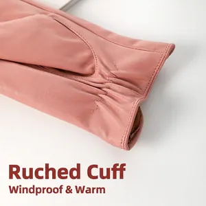 Guanti invernali da donna in pelle rosa con polsino elastico antivento e caldo