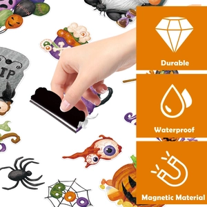 Detail showing waterproof magnetic Halloween stickers being applied to a metal surface