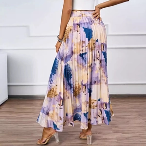 High-waisted A-line pleated maxi skirt with abstract purple and yellow oil painting print