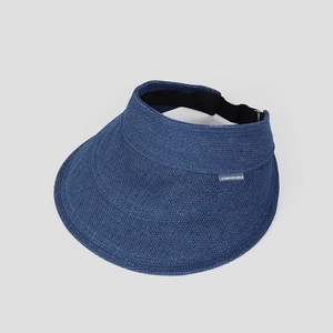 Detailed view of a blue denim texture sun visor hat with adjustable strap for women