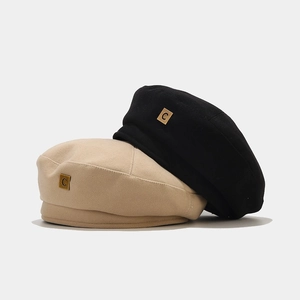 Chic beige and black wool beret hats with C logo metal plate for autumn and winter