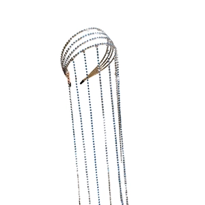 Elegant silver headband featuring long rhinestone tassels and blue crystal beads