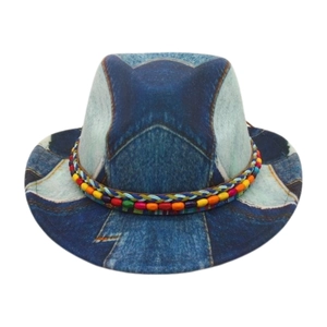Close-up of denim patchwork fedora hat with bohemian colorful beads and braided band