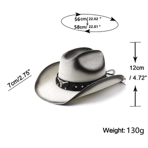 Détail montrant les dimensions d'un chapeau de cowboy en paille style vintage