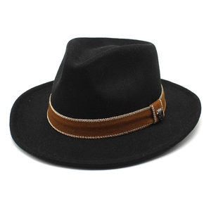 Classic black wool fedora hat with brown suede band and metal emblem for men and women