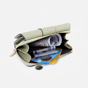 Short green multi-functional bifold leather wallet with zipper and multiple card slots