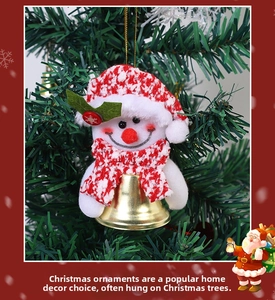 Charming snowman Christmas pendant with a knit hat and a golden metal jingle bell on a tree