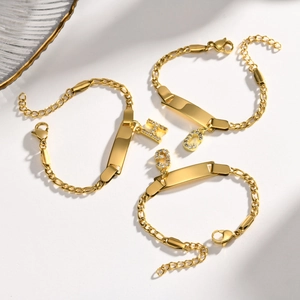 Customizable gold stainless steel bracelet set with initial pendants and ID plate
