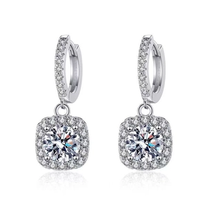 Elegant s925 silver moissanite drop earrings with square halo design on white background