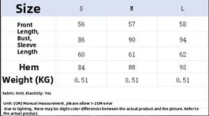 Size guide table for women's knit jacket showing bust, length, and sleeve dimensions in cm