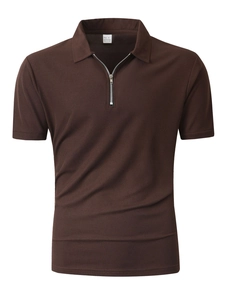 Close-up of men's brown polo shirt featuring quarter zip and waffle knit fabric texture