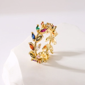 Elegant 18K gold plated ring with colorful rainbow zircon leaf design on white stone