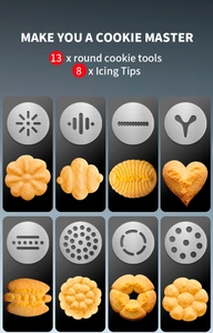 Detailed set of 13 cookie press discs and 8 icing tips for professional home baking