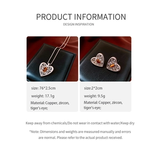 Detailed product specifications for vintage zircon heart jewelry set with tiger's eye stone