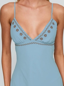 Light blue slim-fit knitted camisole dress with brown floral lace embroidery details