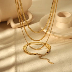 Layered Snake Chain Necklace 18K Gold Plated Stainless Steel Multi Layer Geometric Elegant Jewelry For Women