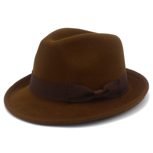 Detail of dark brown wool felt fedora featuring a matching satin ribbon bow band
