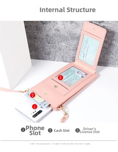 Detail view of pink crossbody bag interior with smartphone slot and card window