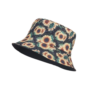 Fashionable black bucket hat with vibrant sunflower print for outdoor sun protection