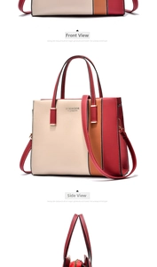 Detailed views showing the multi-color patchwork leather tote with adjustable shoulder strap