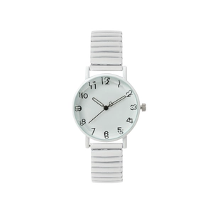 Minimalist white quartz watch featuring a large round dial and elastic stretch band