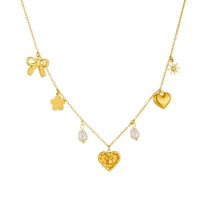 Golden multi-pendant necklace with heart, crown, bow, star and pearl charms